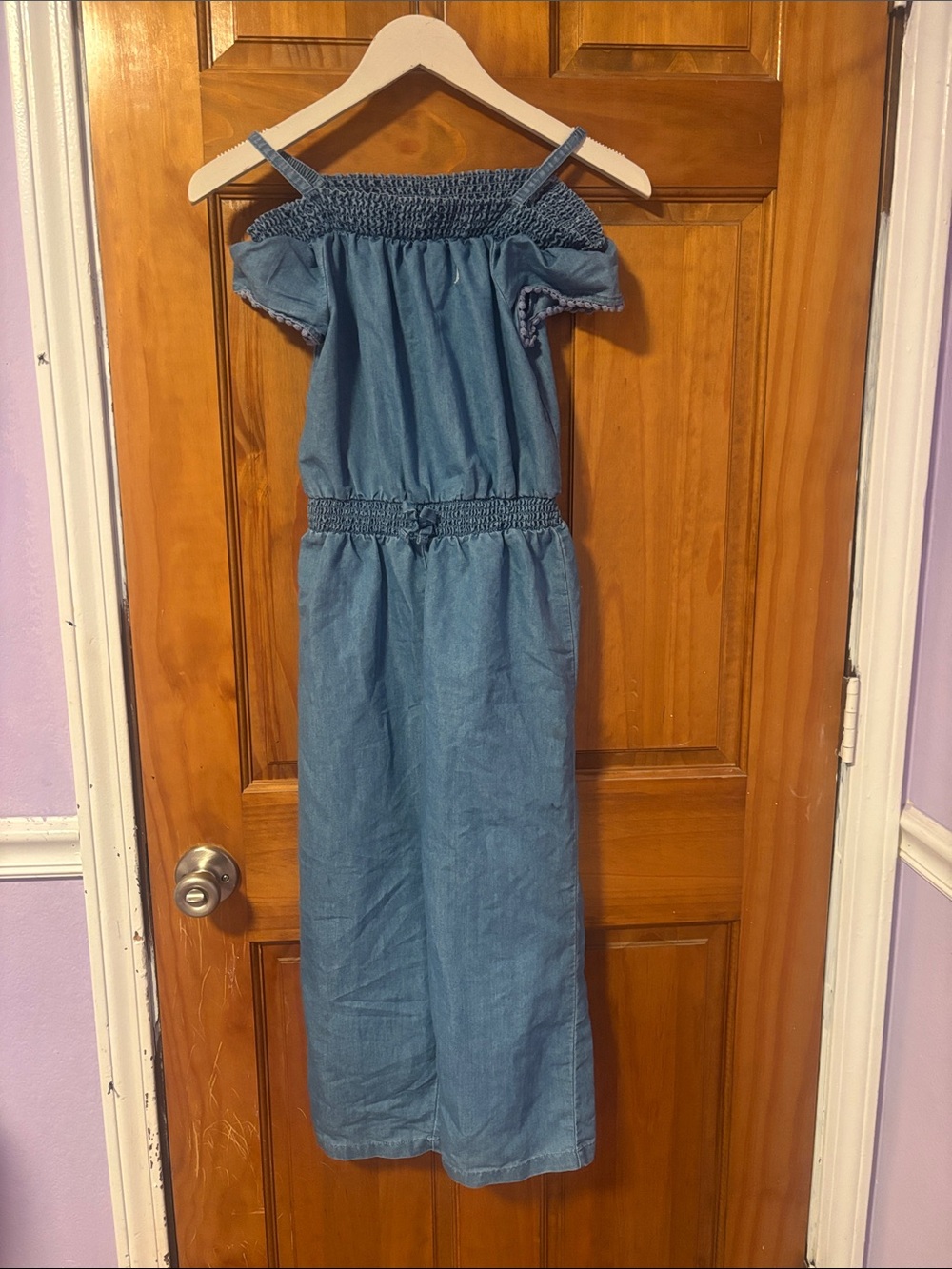 Nautica Blue Off-Shoulder Denim-Style Girls' Jumpsuit